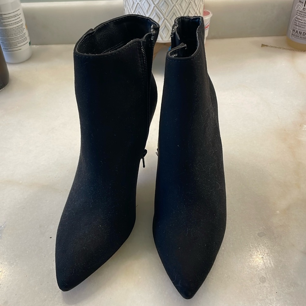 XOXO black booties.Suede like material.Worn once for photo shoot.Excellent Cond